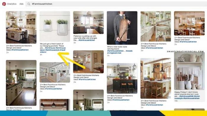 Screenshot of Pinterest search results feed with arrow pointing to hashtags displaying as clickable blue text below pins