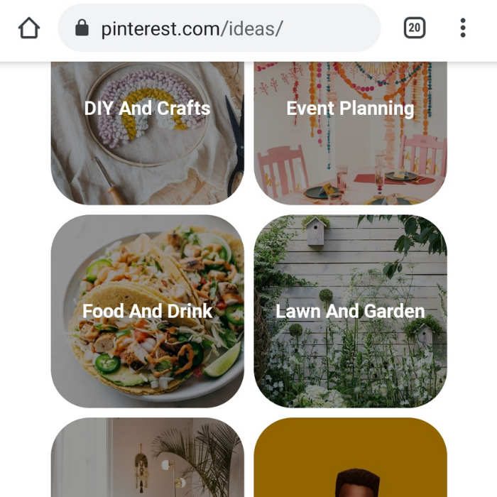 Screenshot of pinterest.com/ideas website showing tiled images with text overlay on each for subjects DIY And Crafts, Event Planning, Food And Drink, Lawn And Garden